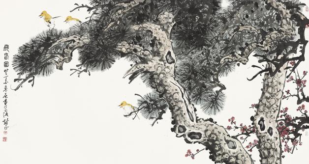《松梅小鸟》作者：徐纯原创作年代：2019规格：94cm×179cm品类：国画