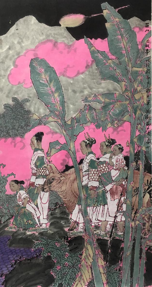 《苗山故事》作者：陈孟昕创作年代：2018规格：180cmx97cm品类：纸本重彩