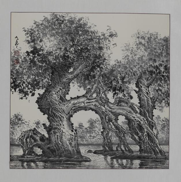 《秀水胡杨》作者：冀有泉规格：68cm×68cm品类：国画