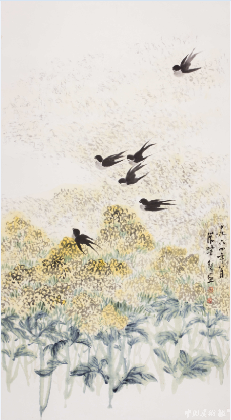 张肇铭《燕子油菜花》 中国画 150cm×82cm 1964年 湖北美术馆藏