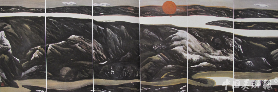 董继宁《长河落日圆》中国画 136cm×408cm 1991年