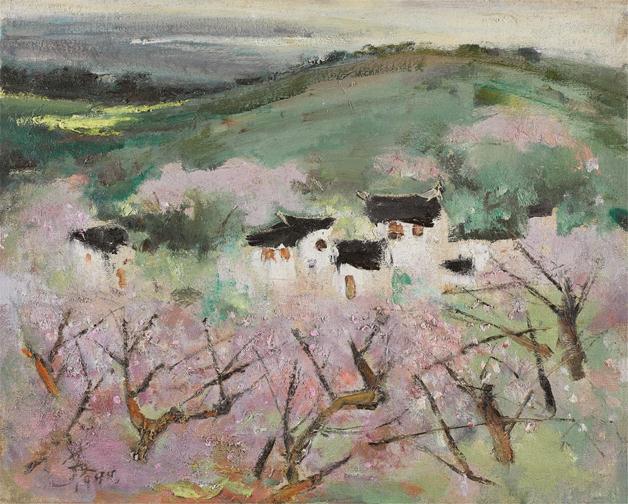 《桃花簇拥的山村》作者：苏天赐创作年代：1994规格：41cm×61cm品类：油画