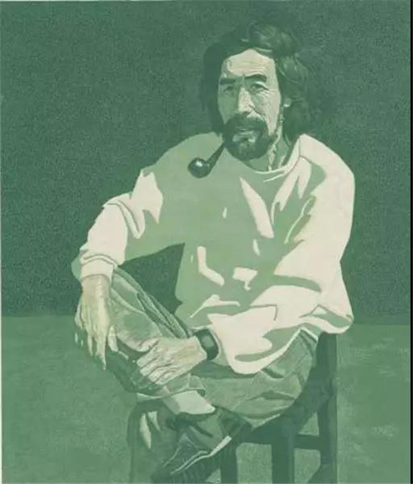绿色背景 | 彩色木刻 | 57.7cmX68.8cm | 1990