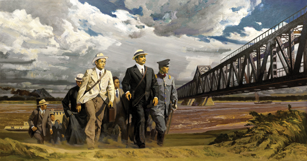 《先行者-孙中山视察黄河大铁桥》作者：杨松林 规格：210×400cm