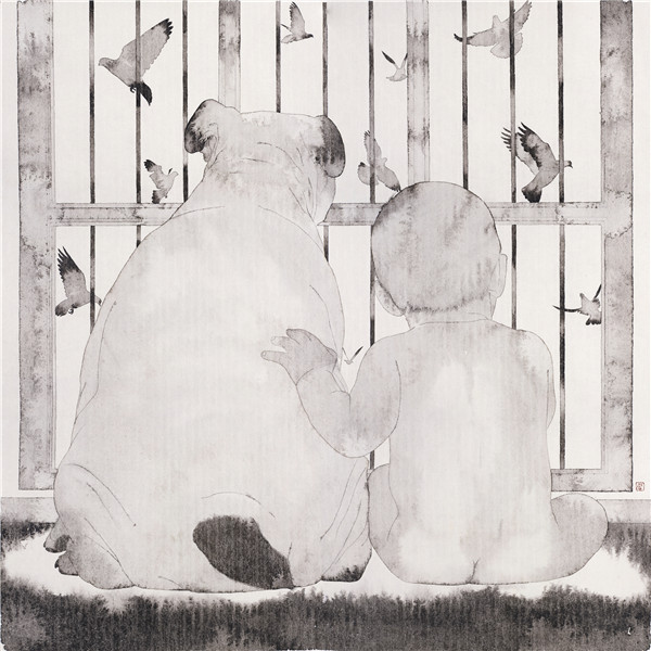 李军 笼中对 2018 80×80cm 纸本水墨 2017