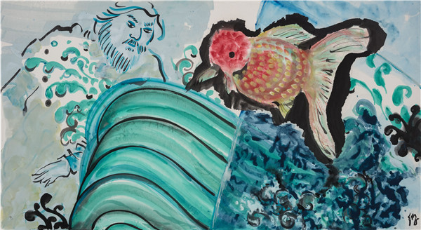 梁缨 老人与海 97x179cm 纸本设色 2018