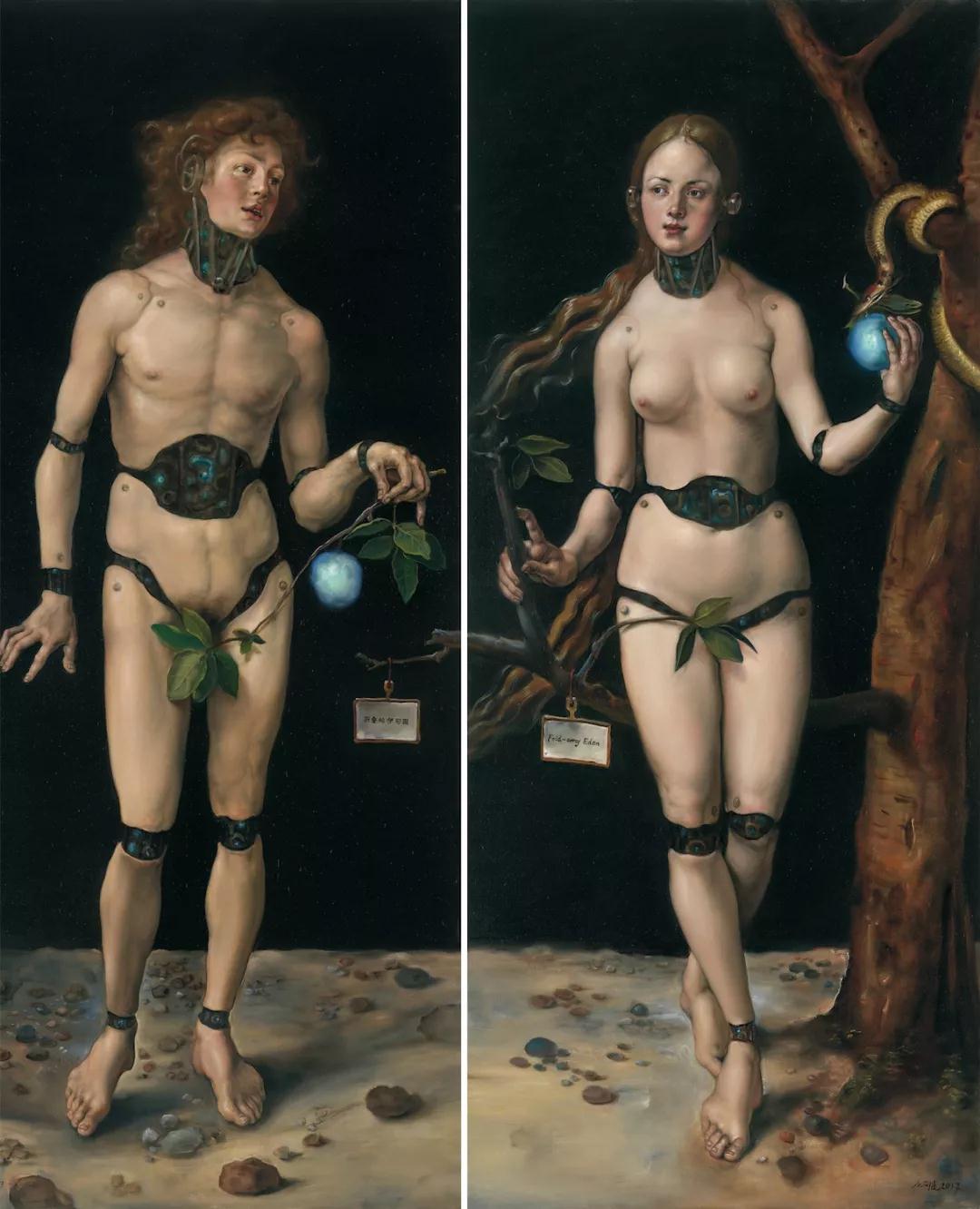 《折叠的伊甸园》布面油画 200cm×85cm×2 2017