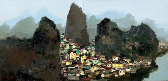 吴冠中《桂林》 1977-1996 年作 油彩木板（双联作） 42.5 x 88 cm。 成交价：HK$ 23，600，000