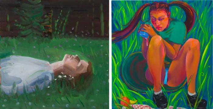 （左）安娜·比约格，《休息》，2019。Galleri Bo Bjerggaard（右）海莉·约瑟夫，《Sippy Cup Girl》，2018。Jack Barrett 画廊