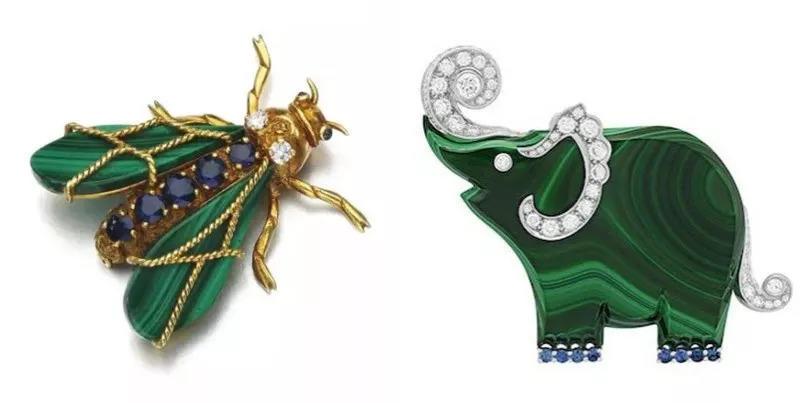 △左：Chaumet尚美巴黎孔雀石、蓝宝石、钻石胸针；右：Van Cleef & Arpels梵克雅宝L