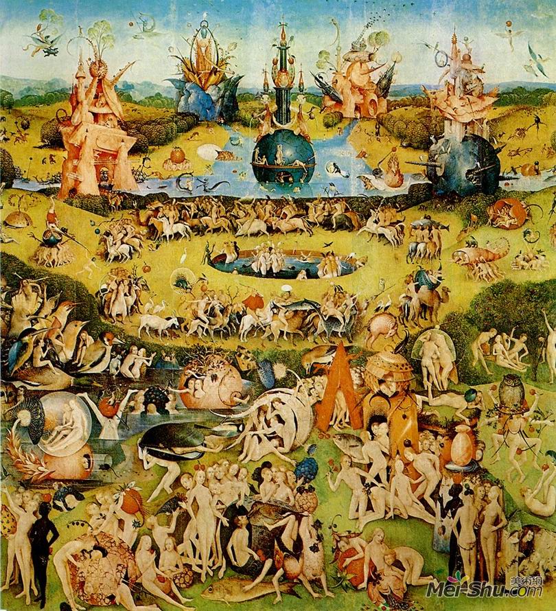 人间乐园﹝Garden of Earthly Delights﹞1500 年，油彩画板，220 x 195 公分，普拉多美术馆，马德里﹝Madrid﹞，西班牙