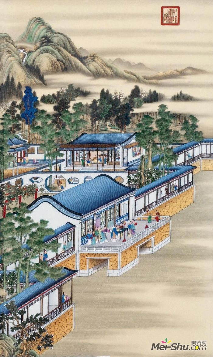 郎世宁《雍正十二月令圆明园行乐图-七月乞巧》