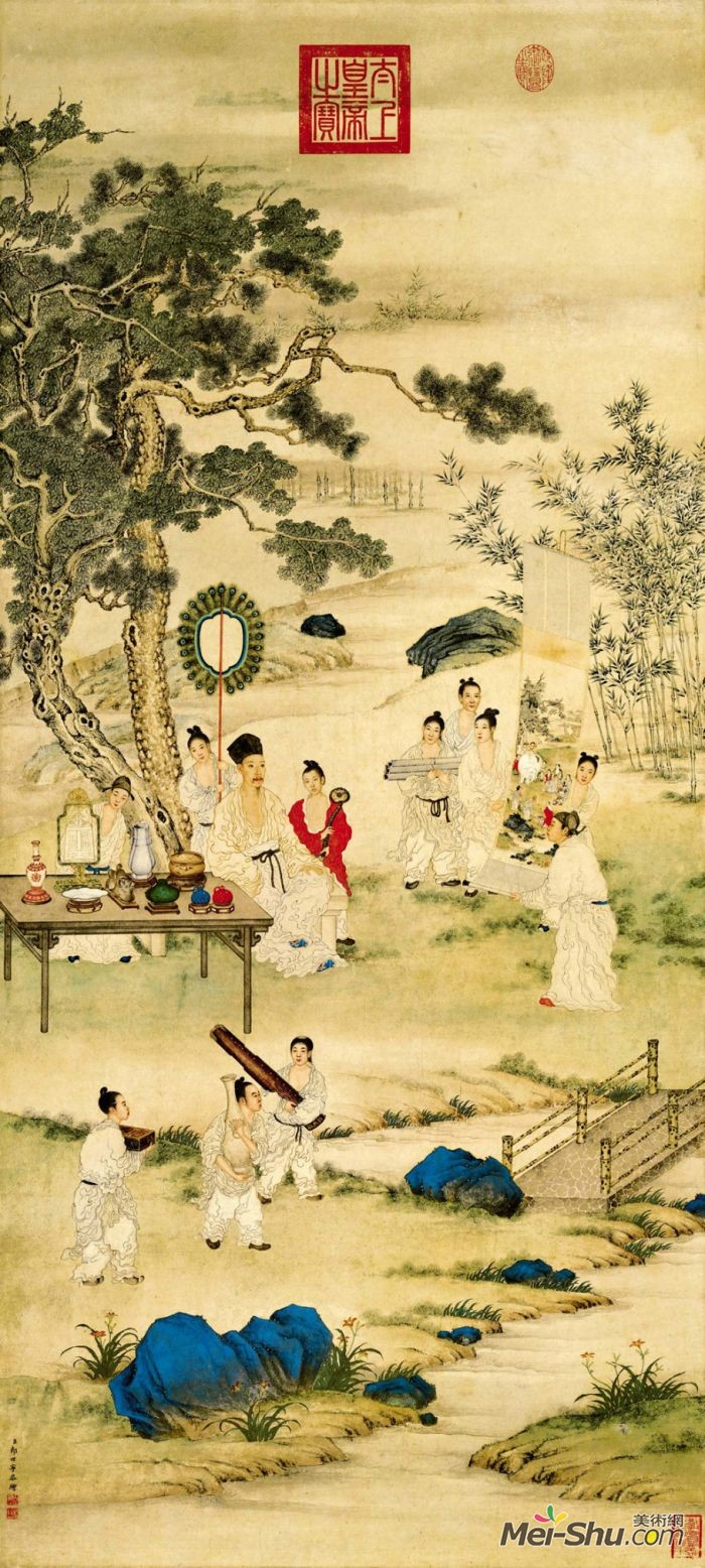 郎世宁《弘历观荷抚琴图》