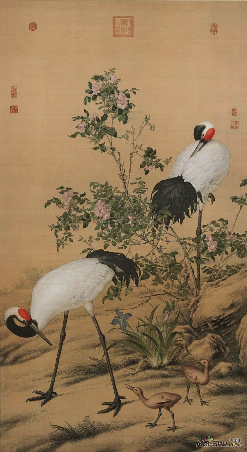 郎世宁《花阴双鹤图》