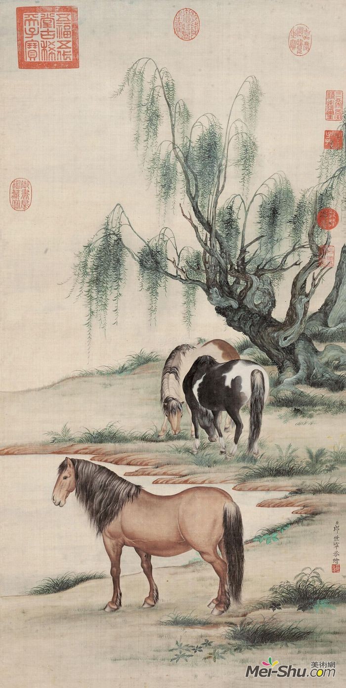 郎世宁《柳荫三骏》