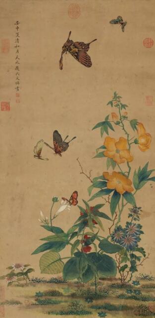 明 文俶《花蝶清影》，设色纸本 镜片，86.4 x 43.2 cm.，1632年作。估价：50,000 - 100,000美元。将于3月19日在佳士得纽约“中国书画”拍卖中呈献