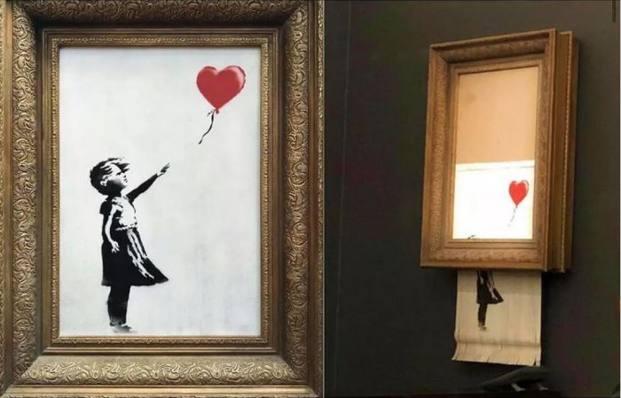 ▲Banksy作品在苏富比以120万欧元成交后自毁，图片来源为：Liberation