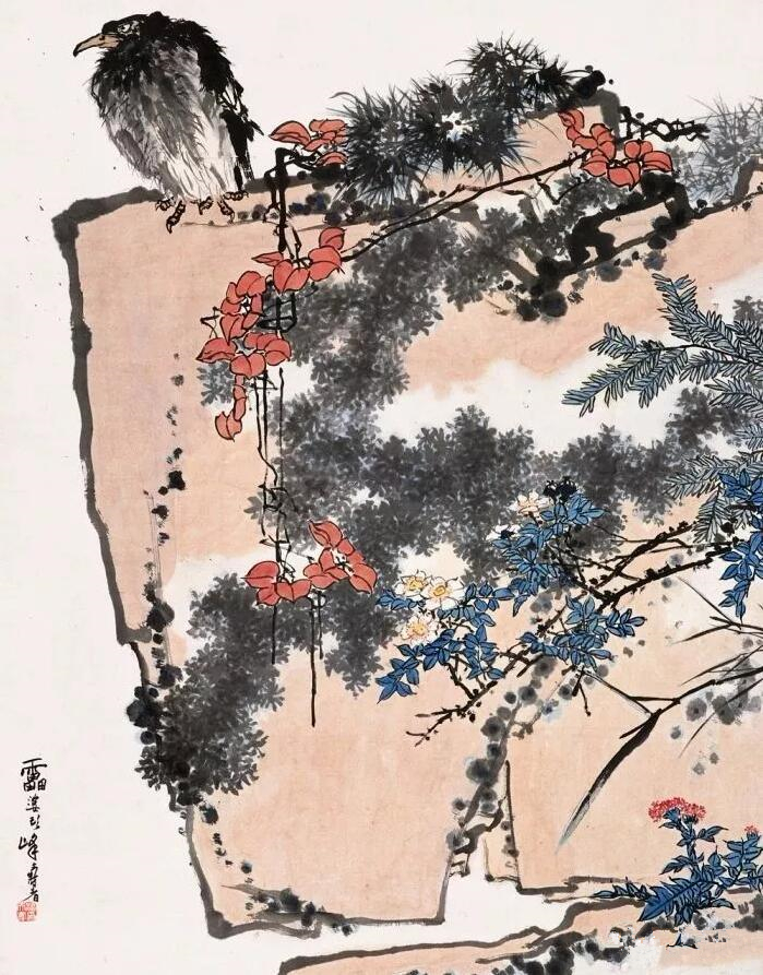 潘天寿《鹰石山花图》