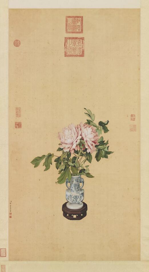 ▲郎世宁《画瓶花图》：雍正五年，郎世宁任命画并蒂牡丹。