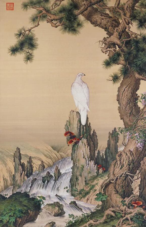 ▲郎世宁《嵩献英芝图》／故宫博物院：素描和明暗画法让画中物体具有立体感。画中出现的苍松、雄鹰、灵芝、山石、流水，是强健、长寿和吉祥的寓意。