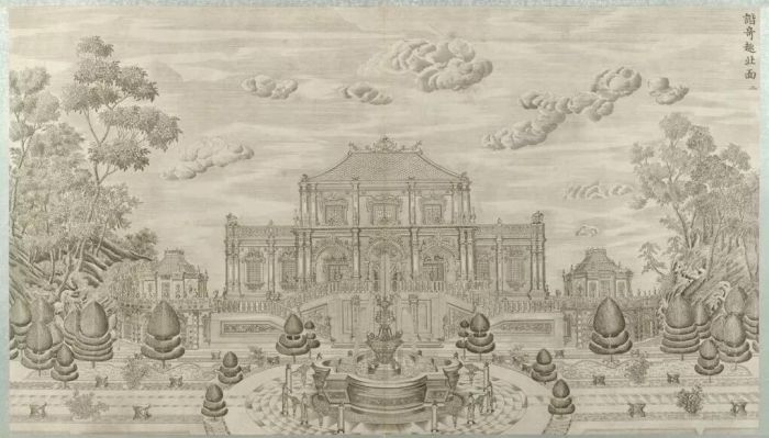 ▲《圆明园铜版画》册·谐奇趣北面／故宫博物院