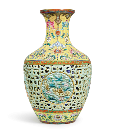 清乾隆 洋彩黄地粉青透龙夹层吉庆有余玲珑尊 （转心瓶）