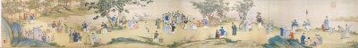 清代丁观鹏《太平春市图卷》描绘了京城边际乡人互相打躬作揖，卖爆竹，打太平鼓，耍猴戏，跑旱船等迎春活动景象。画中游人市贩，松树桃竹，皆生动逼真，好一幅民间祥和太平的节庆景象。图为《太平春市图卷》局部
