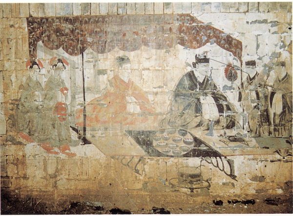 图7 河南洛阳朱村出土东汉夫妇宴饮图壁画（马学曾主编：《古都洛阳》，朝华出版社，1999年，第74页）