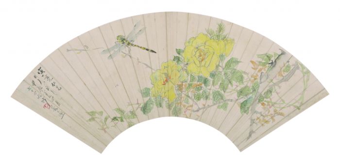 清 沙馥 月季蜻蜓图扇面