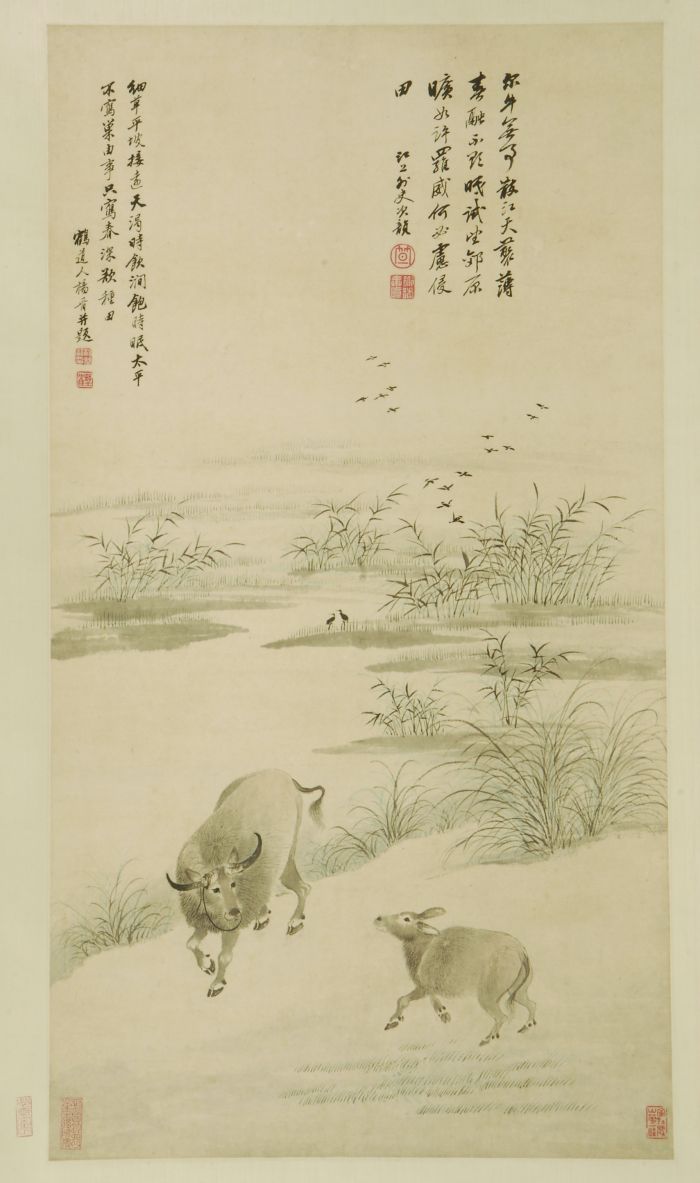 清 杨晋 芦滩双牛图轴