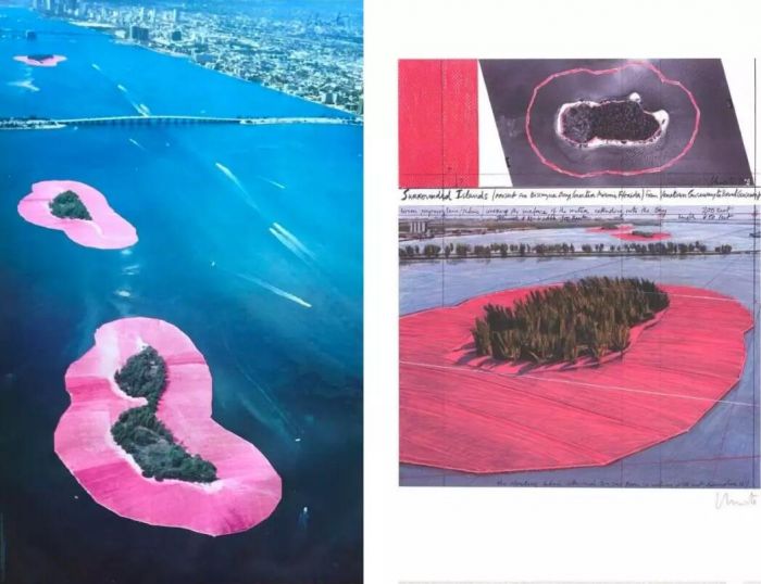 （左）克里斯托，《包围岛屿，迈阿密（签名版海报）》，1983。Kwiat Art（右）克里斯托，《包围岛屿，比斯坎湾项目，迈阿密，分成两部分的拼贴》，MSP Modern