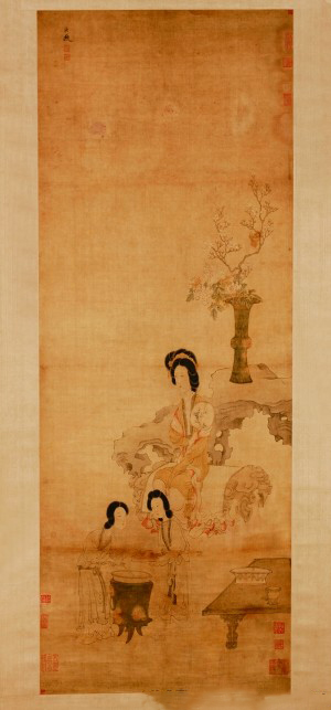 《明陈洪绶调梅图轴》。画中我们可以看到前面有两名婢女正在调制梅酱