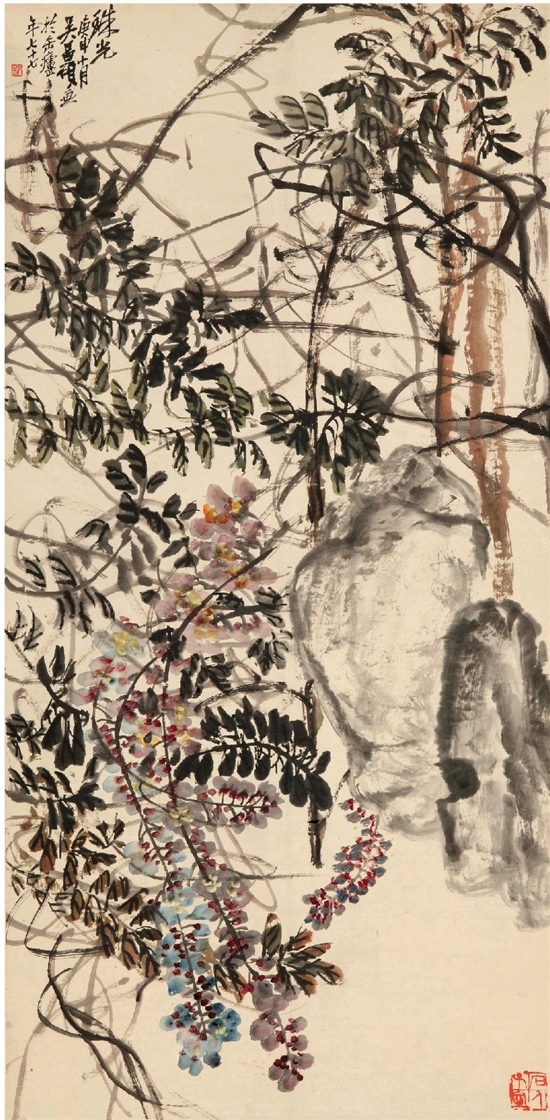  吴昌硕 珠光 139.6×69㎝ 纸本水墨设色 1920年 中国美术馆藏