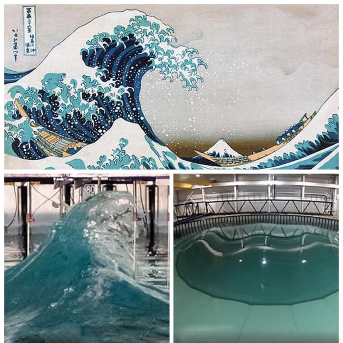 葛饰北斋作品《神奈川冲浪里》（上）研究小组在实验室中模拟卓普尼浪（下）