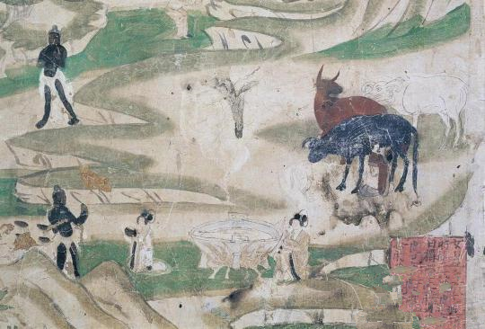 1月13日，敦煌研究院从石窟壁画、敦煌文献、馆藏文物中梳理归纳出腊八节时，古人燃灯供奉、沐浴更衣、熬煮施粥、狩猎腊祭等生活中的习俗。图为莫高窟第61窟《牧女献糜》（五代）。敦煌研究院供图