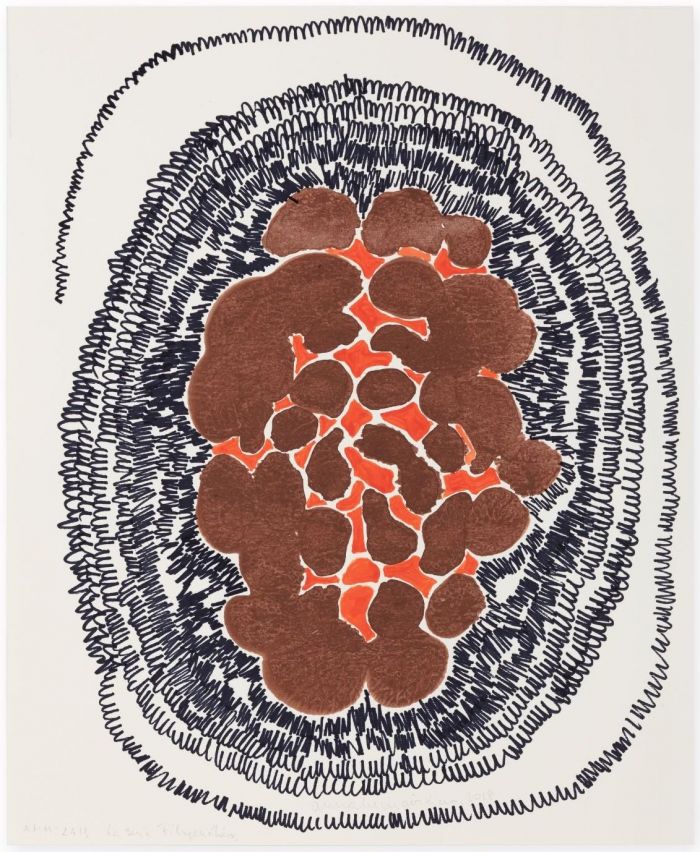 ▲《无题》，出自“系统遗传学”（Filogeneticos (Phylogenetics)）系列，2018，丙烯 墨水 纸上，40.5 x 33.5厘米 / 16 x 13 1/4英寸，©安娜·玛利亚·麦欧利诺，图片：安娜·玛利亚·麦欧利诺，豪瑟沃斯