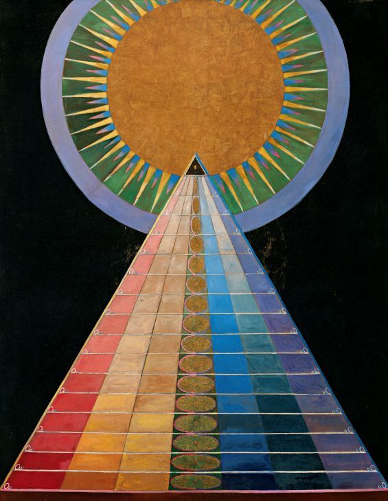 > 希尔马·阿夫·克林特，《祭坛画1》（Group X, No. 1, Altarpiece），1915年，布面油画、金属薄膜, 237.5 x 179.5 cm