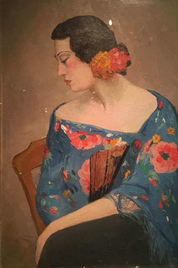 潘玉良 《戴花执扇的女人》 布面油彩 90cm×59cm