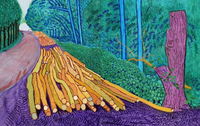 David Hockney, “More Felled Trees on Woldgate”, 2008, Oil on 2 canvases (60 x 48″ each), 60 x 96” overall, © David Hockney, Photo Credit: Richard Schmidt