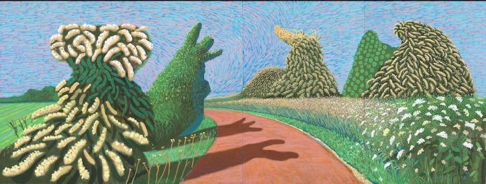 David Hockney, “May Blossom on the Roman Road”, 2009, Oil on 8 canvases (36 x 48″ each), 72 x 192″ overall, © David Hockney, Photo Credit: Richard Schmidt