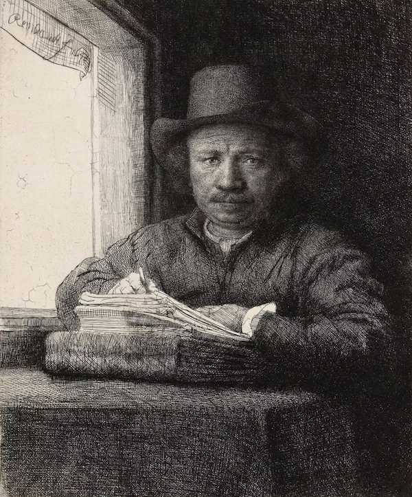 伦勃朗·范·莱因 《窗前的版画自画像》，蚀刻版画，1648