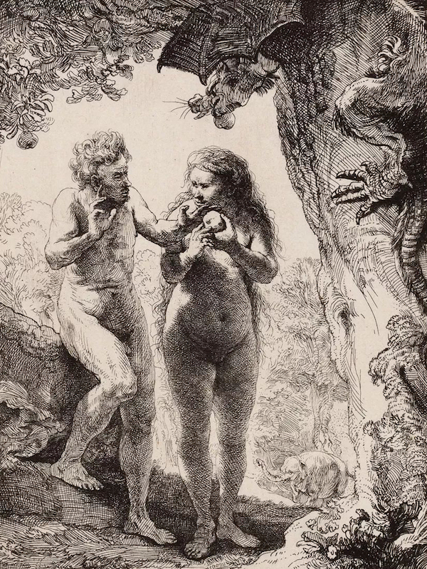 伦勃朗·范·莱因《亚当与夏娃》，蚀刻版画，1638