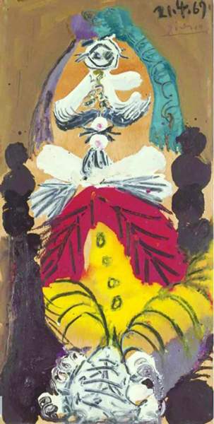 巴布罗·毕加索（西班牙，1881-1973） 《坐着的男人》 油彩木板裱于加固画板 56.6 x 28.7 cm. 1969年作 估价：人民币 4,500,000 - 6,200,000 成交价：人民币 11,550,000  