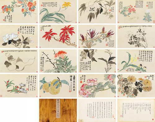 Lot 407 吴大澂 仿古花卉十六帧册 册页（十六开） 设色纸本、水墨纸本 画：20.2×35.7 cm（每幅）   字：26×39.5 cm（每幅） 成交价：RMB 5,175,000