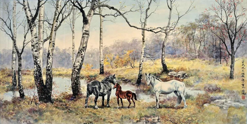 Lot 317 徐悲鸿 秋林三骏 横批 设色纸本 91×180.5 cm 成交价：RMB 34,500,000
