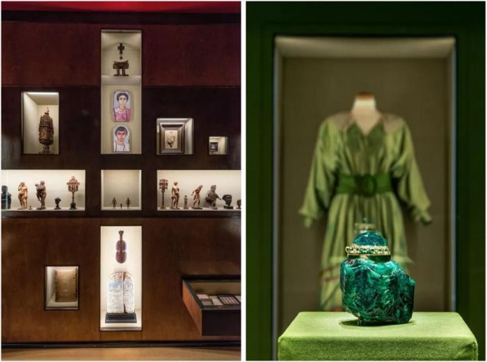 （左、右）“棺中鼩鼱木乃伊及其他宝藏”展览现场。? KHM-Museumsverband