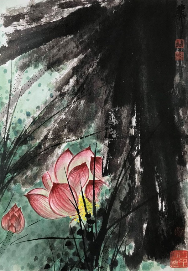 《彩墨荷花图》十开之一