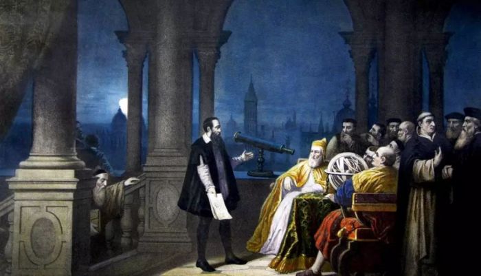 ● 伽利略献宝威尼斯第90任总督Leonardo Donato和威尼斯元老院，H.J. Detouche 1754年绘制油画