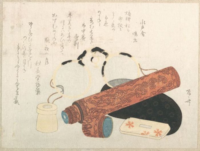 ●眼镜与带盒望远镜，日本柳々居辰斎（1799–1823）绘。在江户后期，装饰精美图案的望远镜是流行的礼物