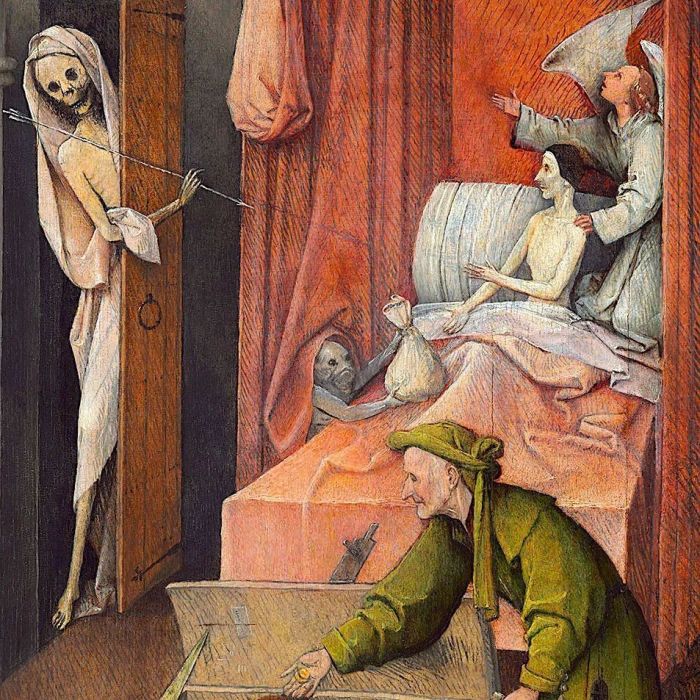 博斯《死亡与侍者》（Death and the Miser / Wayfarer Triptych，ca 1500-10）细节图